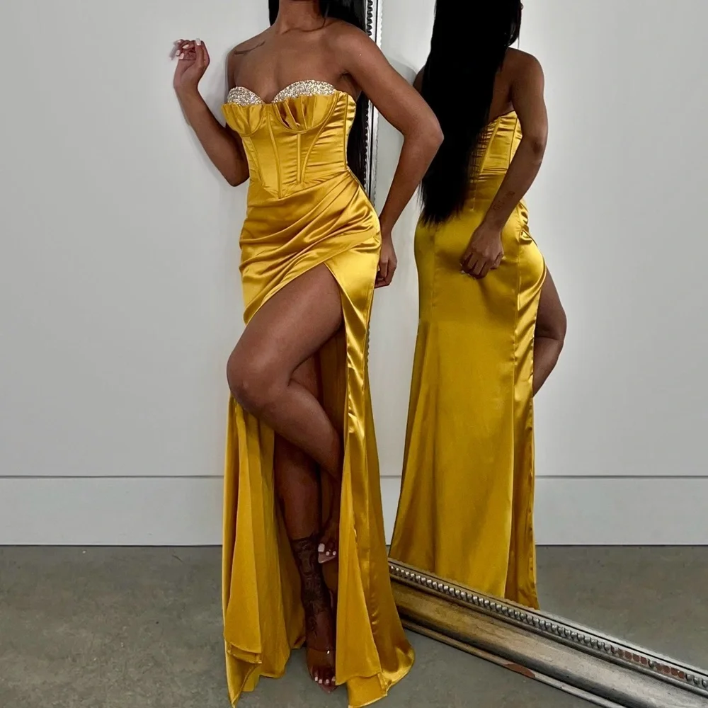 Alglist Gold Pleated Corset Prom Gown NWT - Picture 2 of 5